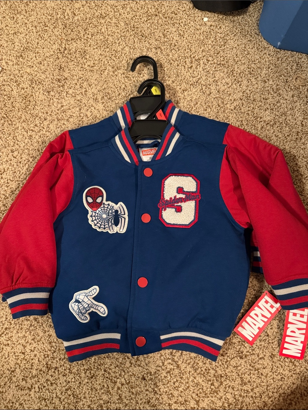 Marvel Kids Navy Blue and Red Spider-Man Varsity Puffer Jacket